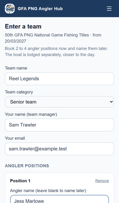 National Titles team entry on a phone